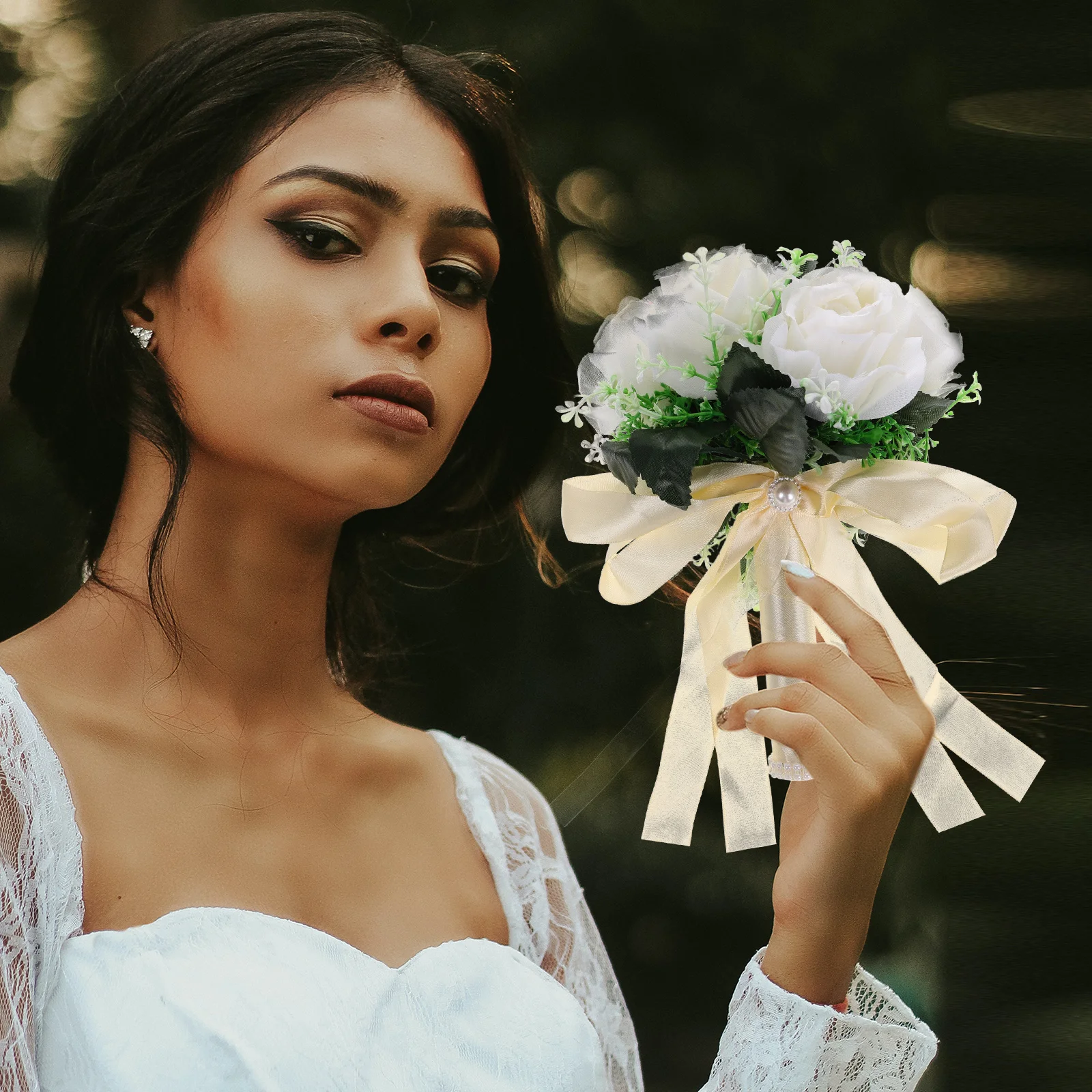 

White Bridal Wedding Bouquet Artificial Faux Flower Handheld For Bride Bridesmaid Tossing Party Decor Lightweight Silk