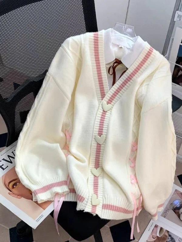 Sweet Bow Knitted Cardigans Y2k Aesthetic All Match Contrast Color Coats Fashion Single Breasted Kawaii JK Sweaters Jumper