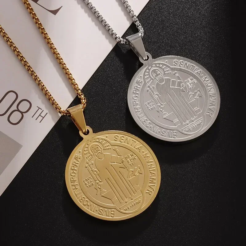 Saint Benedict Medallion Stainless Steel Pendant Zircon San Benito Collares Necklace Amulet Religious Cross Jesus Jewelry - view 4