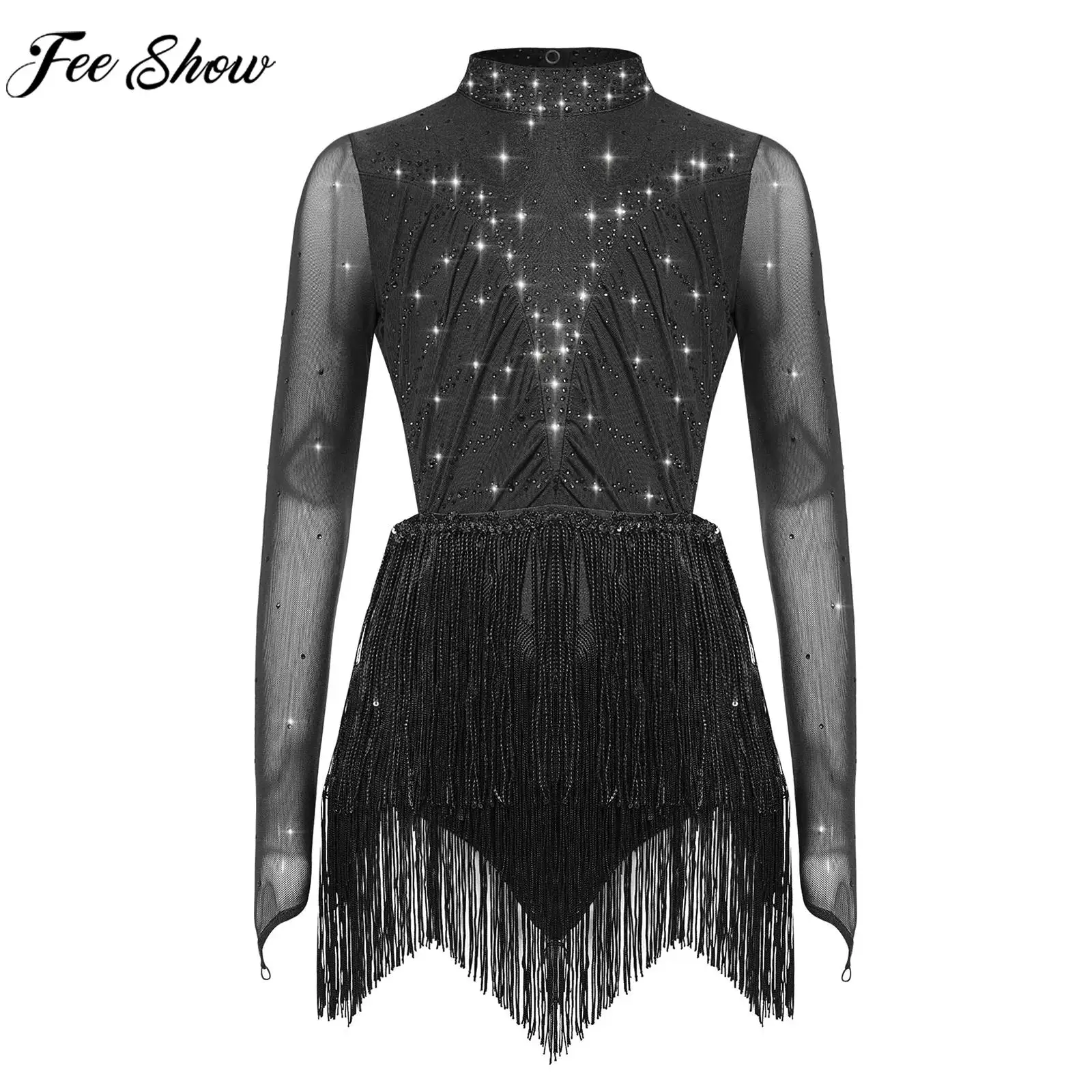 Children Girls Figure Skating Dress Long Sleeve Rhinestones Sequin Tassels Leotard for Latin Dance Cha-Cha Samba Rumba Tango
