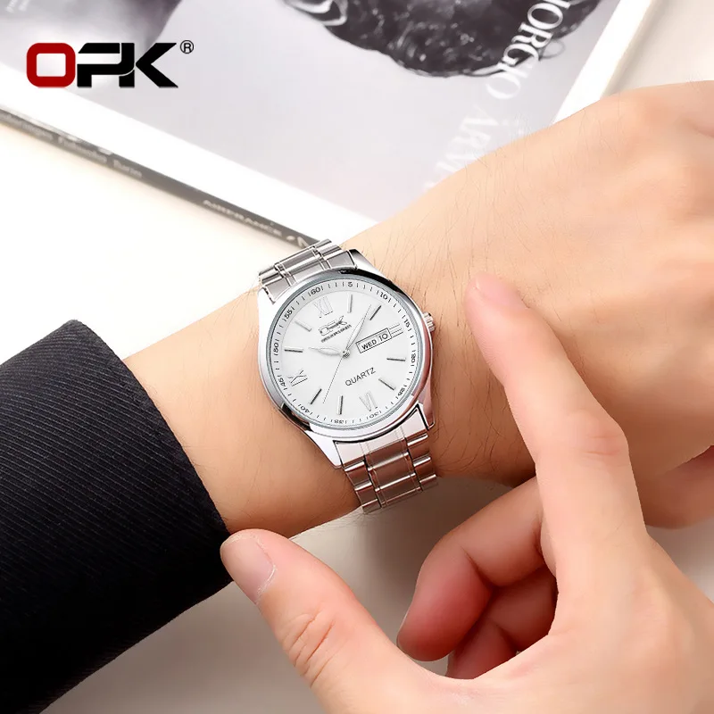 OPK-Montre à Quartz en Acier Inoxydable pour Homme, Double Calendrier, Glow-in-the-Dark Business Casual