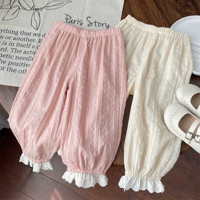 

Baby Girls Spring Summer Thin Pants Elastic Waist Lace Patchwork Breathable Comfortable Pants Girls Casual Clothes