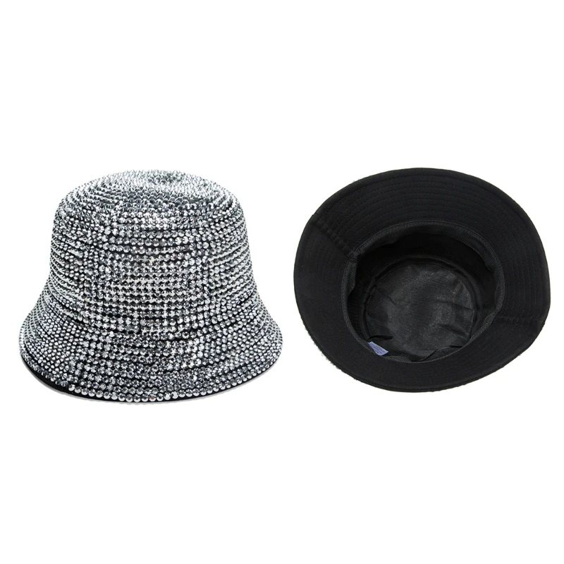 Full Diamond Adjustable Fedora Bucket Hat Bling  Panama Spring Summer Men Wide Brim Felt Jazz Stage Hat