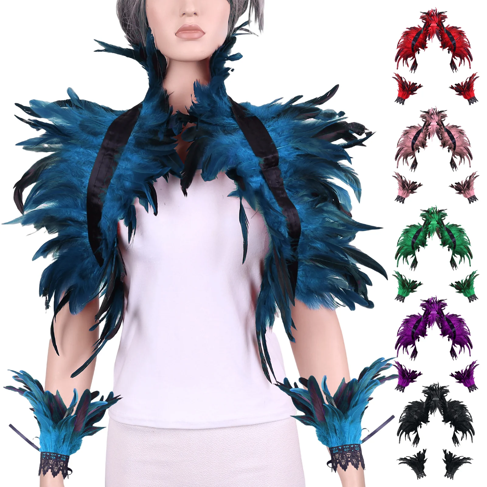 

Fake Collar with Wrist Ring Gothic Feather Shawl Imitation Feather Lace Unisex Model Stage Performance Cosplay Shoulder Scarf