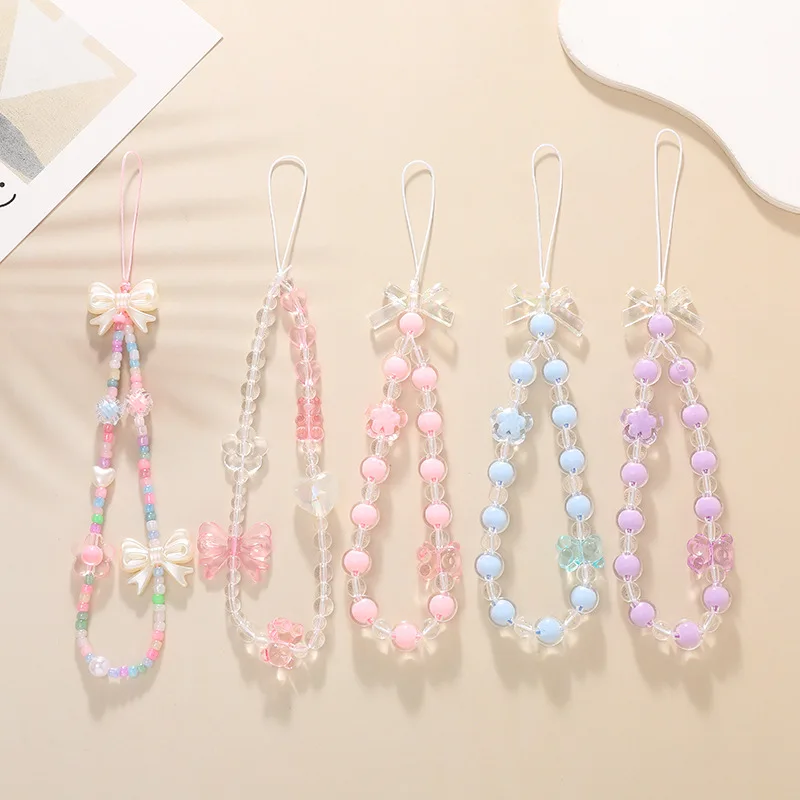 Creative Crystal Bowknot Pearl Beaded Mobile Phone Straps for Women Phone Case Key Chain Bag Pendant Decoration Accessories