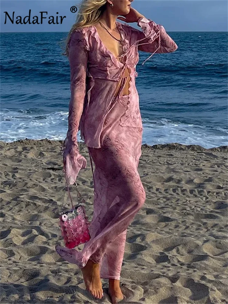 Nadafair Chiffon Elegant Women‘s 2 Piece Set Beach Printed V Neck Cardigan Shirt+Long Maxi Skirt Bandage Ruffles Green Y2K 2024