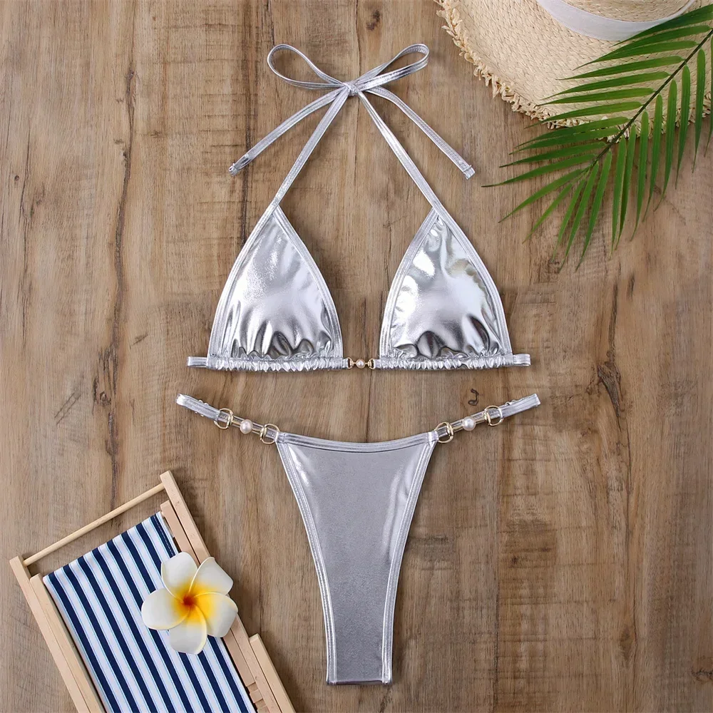 Silver Micro Bikini Beaded Chains Triangle Swimsuit Halter String Backless Swimwear Y2K Bathing Suit Women Bikinis Beach Outfits