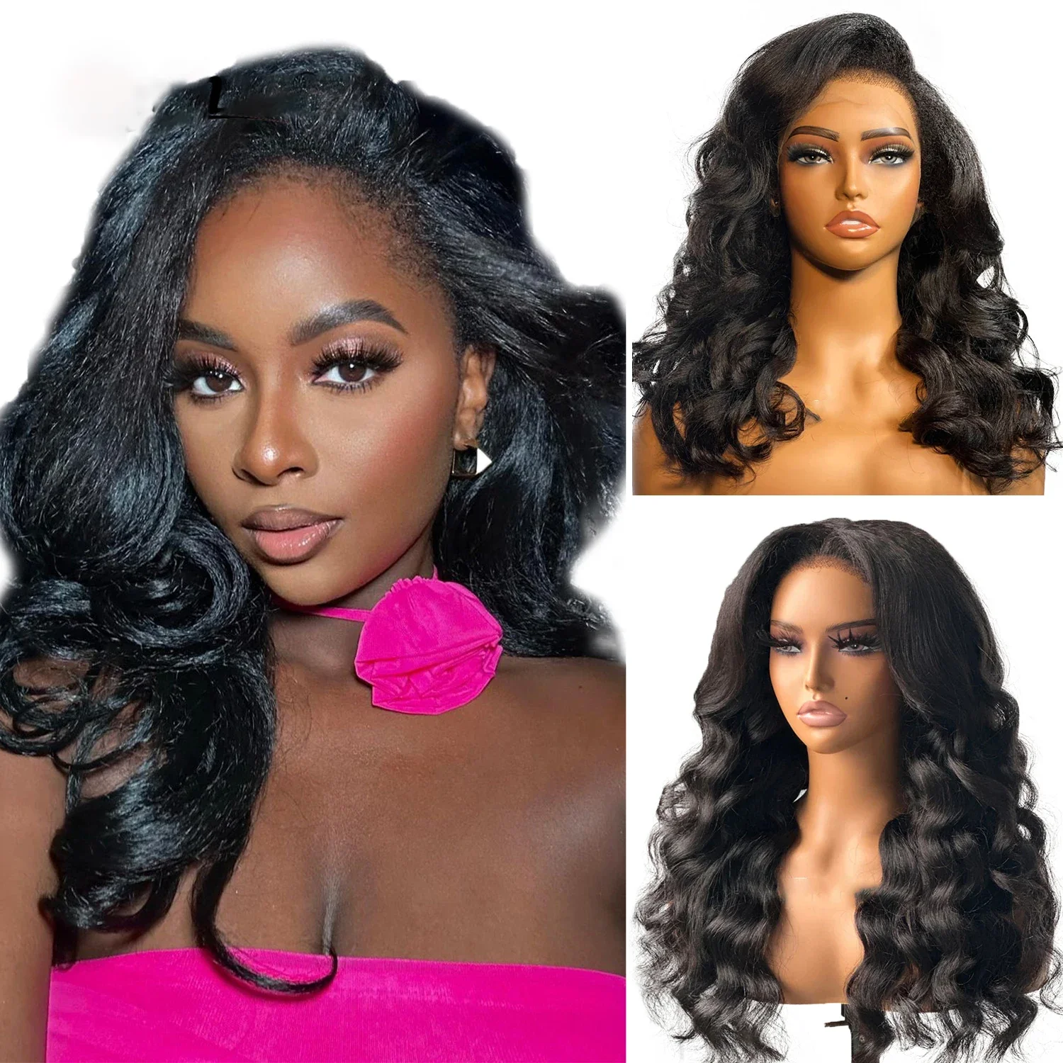 

Боковая/средняя часть 13x4, парик из кружева спереди, супер мягкий, странный, прямой и объемная волна, текстура волны яки, черный синтетический для женщин