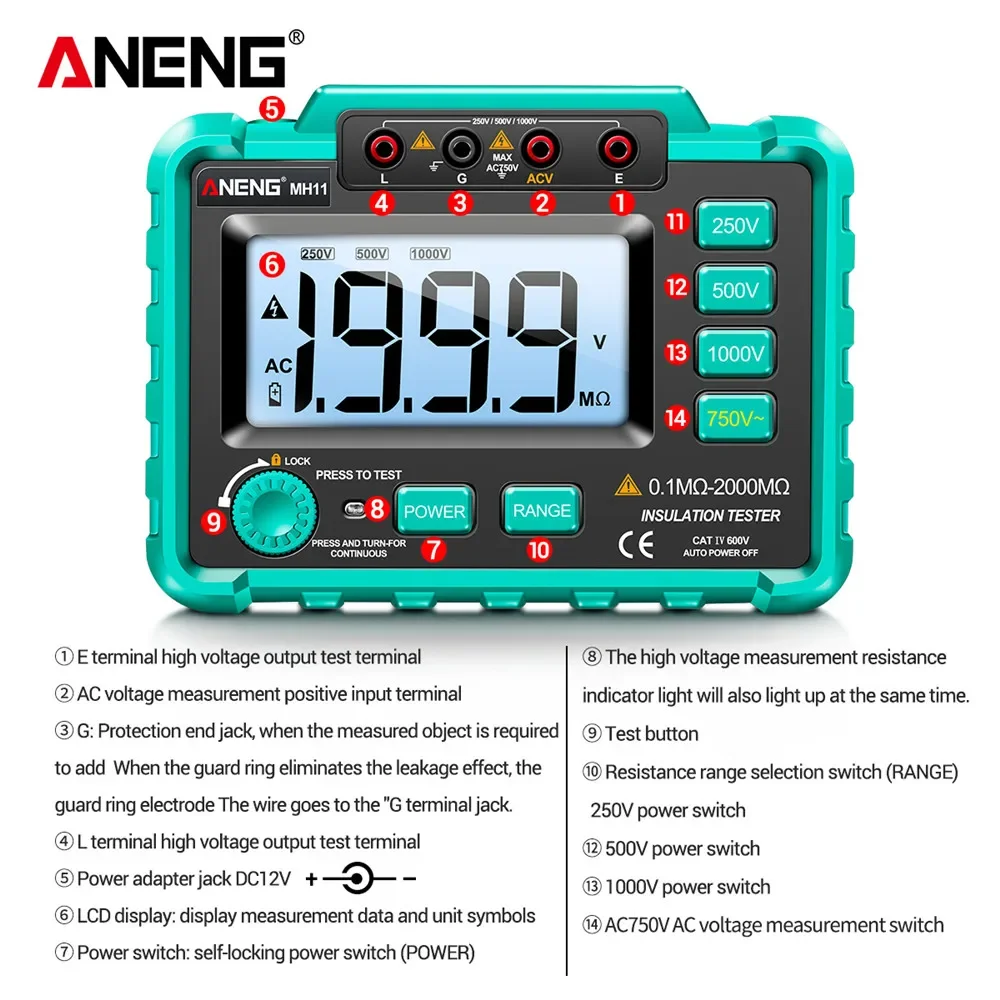 ANENG MH11 Digital Megohmmeter Meter 250/500/1000V Insulation Earth Resistance Meters Tester cable Voltmeter Megger Meter