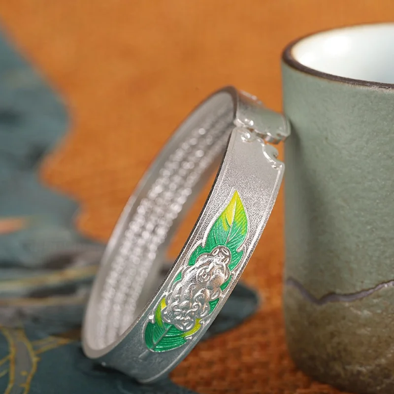 S999 Sterling Silver Bracelets for Women Men New Fashion Cloisonne Leaf Emboss PiXiu Heart Sutra Bangle Jewelry Wholesale