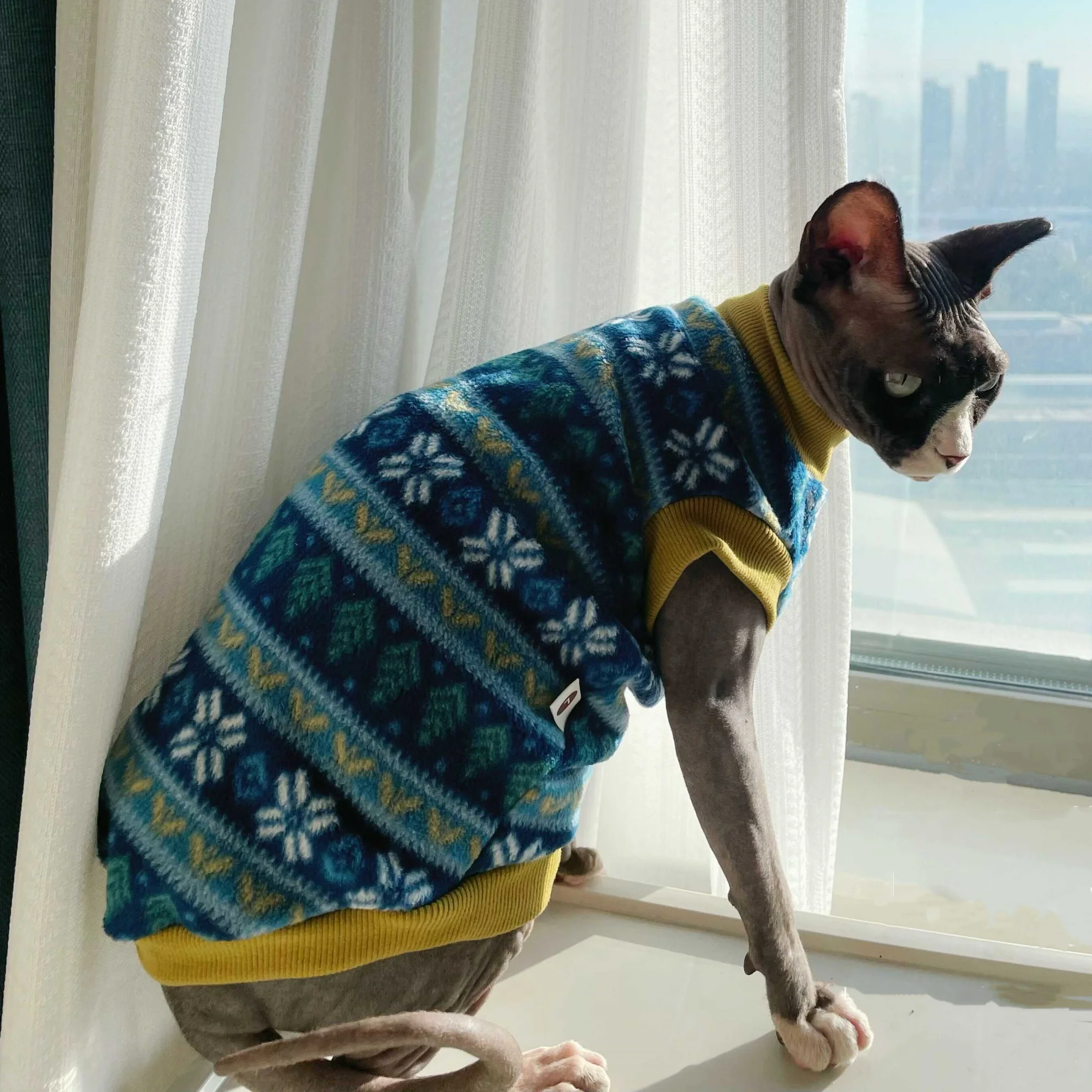 Sudadera Retro de Forro Polar para Gato Esfinge en Otoño e Invierno, Abrigo Azul de Copos de Nieve de Manga Corta para Gatitos, Traje de Navidad para Devon Rex, Disfraces de Año Nuevo para Gatos
