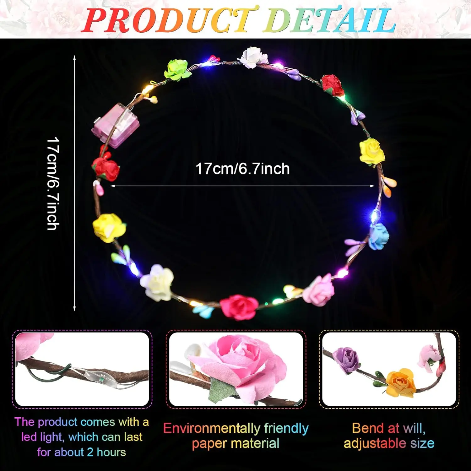 10pcs LED Floral Wreath Crowns Light Up Headband Artificial Flowers Garland Luminous Flower Headbands Wedding Festival Party