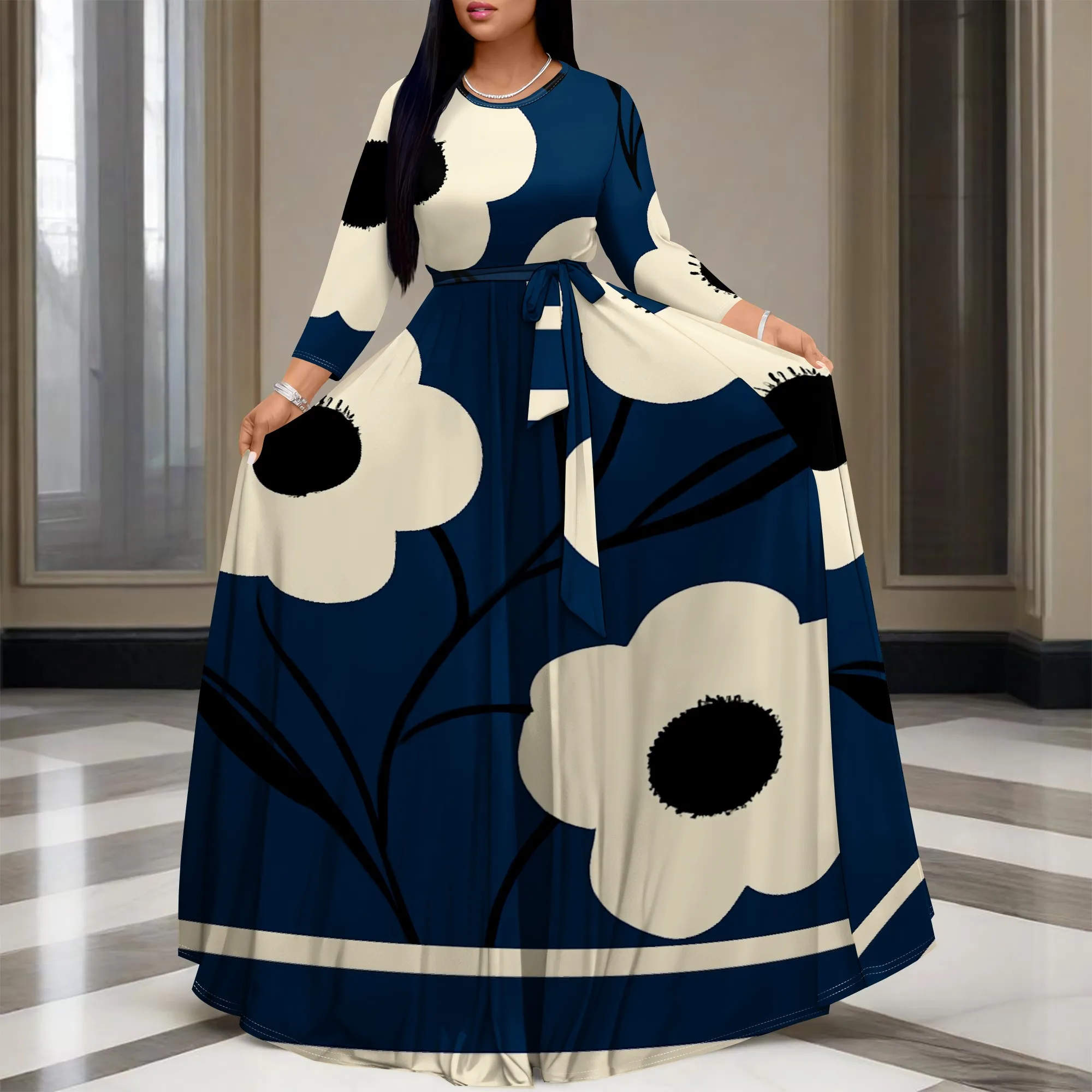 

Women's Floral Long Sleeve Maxi Dress, Elegant O-Neck A-Line Belted Gown for Party & Holiday Wear XS-3XL