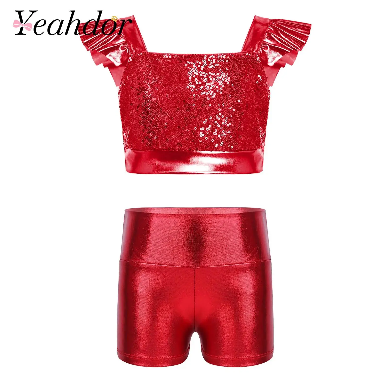 Kids Girls Jazz Hip Hop Latin Dance Performance Outfit Tango Cha Cha Sparkling Sequin Metallic Clothes Children Disco Costumes