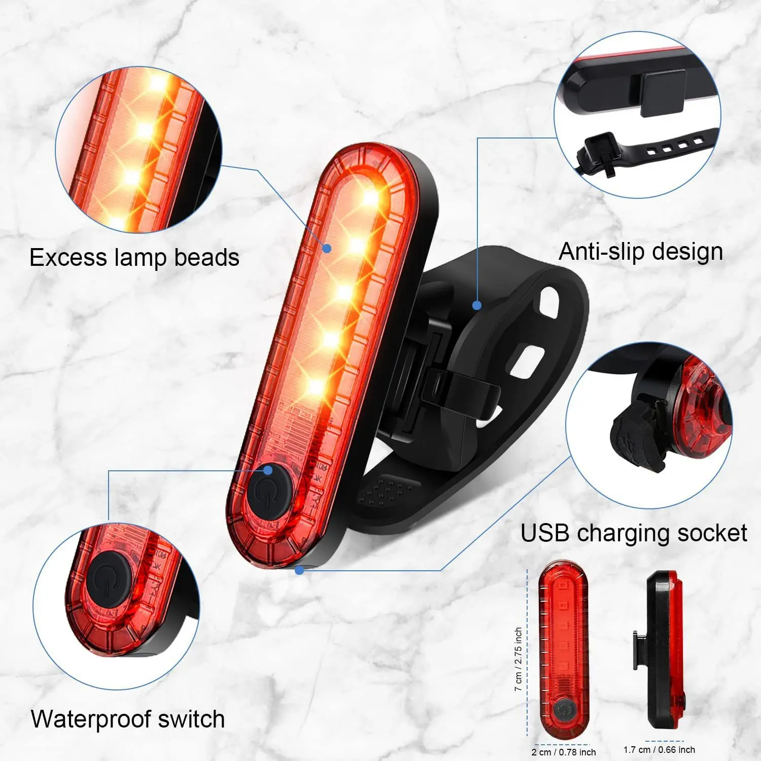 Bike Taillights USB Rechargeable Rear Lamp Ultra Bright Tail Light 220mAh LED Waterproof Riding Warning Red Bicycle Light