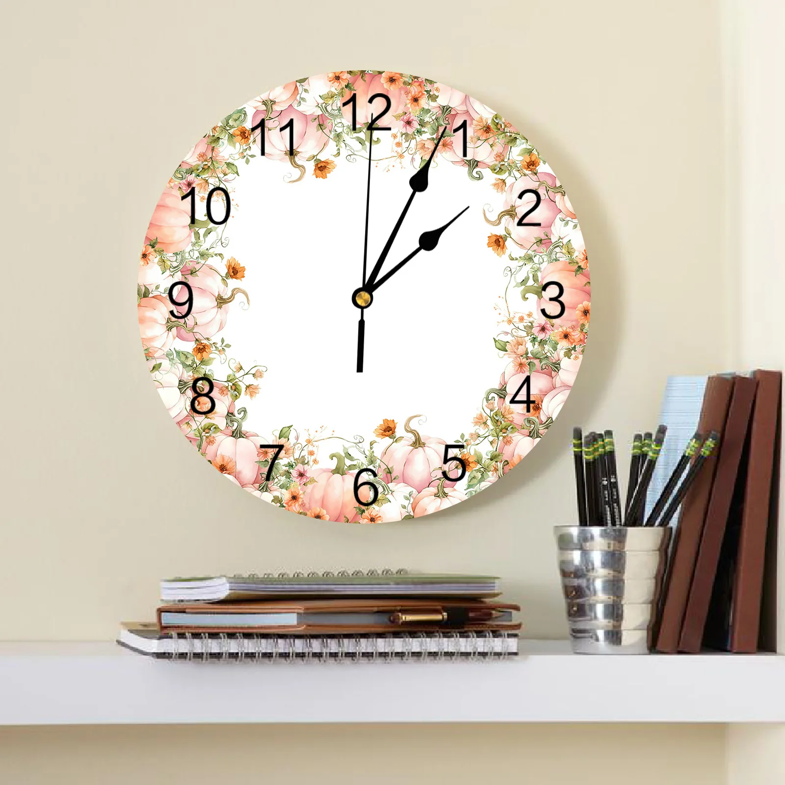 Thanksgiving Pumpkin Hand Drawn Wall Clock Silent Digital Clocks for Home Bedroom Kitchen Decoration Hanging Watch