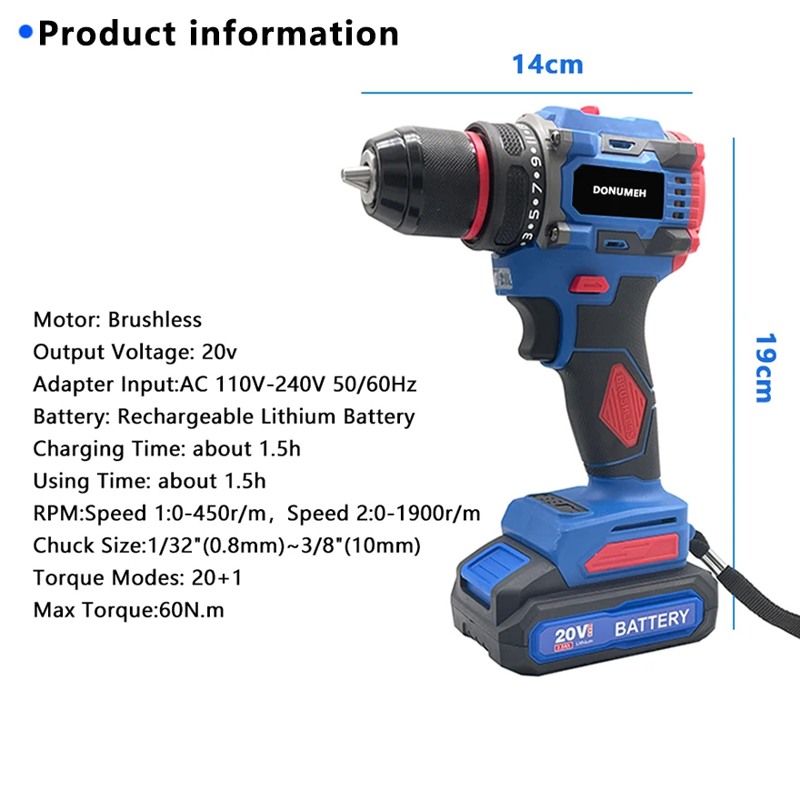 DONUMEH 20V Cordless Brushless Electric Drill Electric Screwdriver Big Torque  Metal Collet Rechargeable Lithium Battery