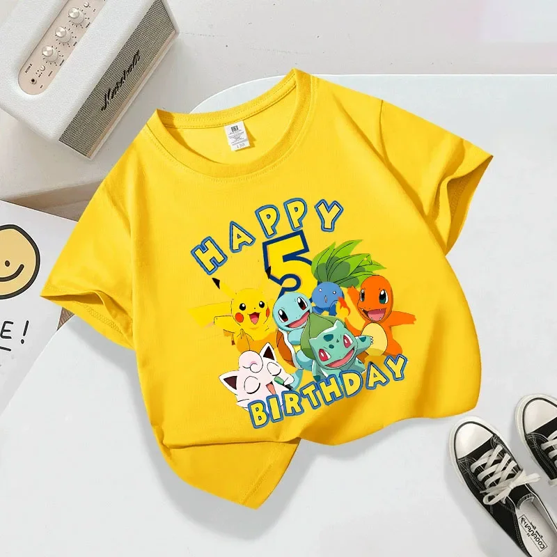 

2025 pokemon T-shirt Cute Summer Cotton Pullover Birthday Number Top Kawaii Boy Girl Chase Skye Printed Casual Clothes Gifts