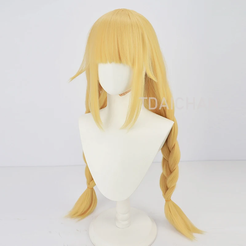 Ya Boy Kongming! Tsukimi Eiko Cosplay Costume Wig Women Golden Double Braided Long Hair Cute Girl Wig 85cm Black Hat Cap