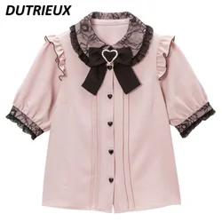 Lolita Shirt Girls Shirts Sweet Bow Lace Solid Color Blouse Tops 2023 Spring Summer Woman Japanese Style Tops Sleeve Blusas