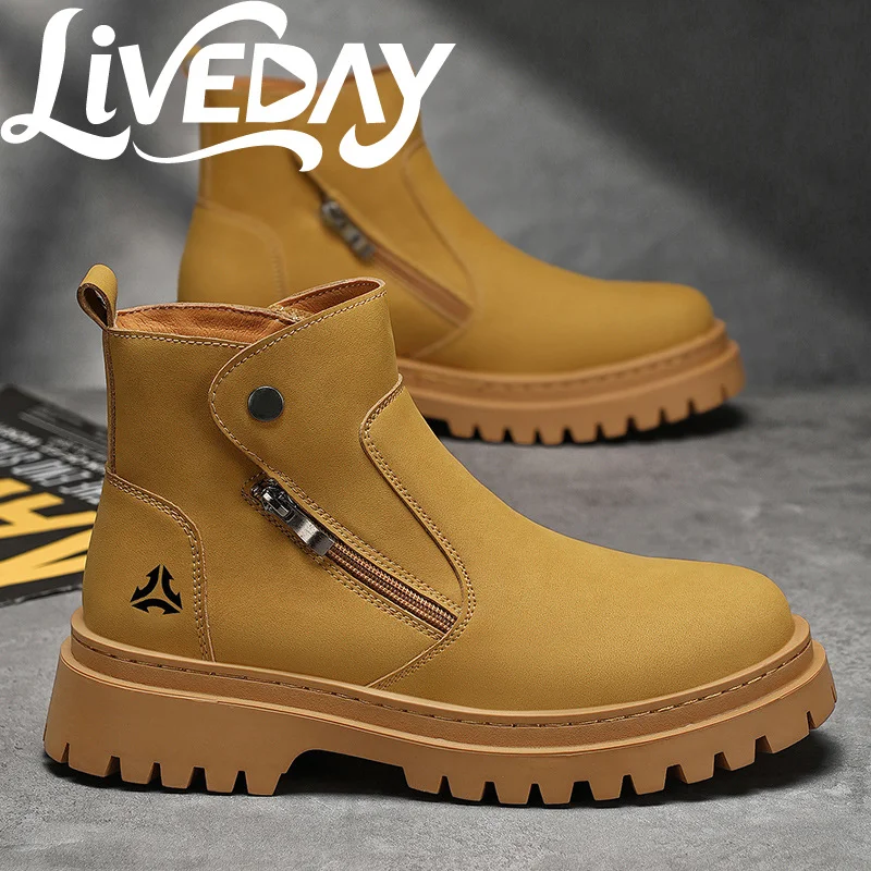 

LiveDay, зимняя мужская обувь с высоким берцем, кожаные ботильоны, уличная рабочая обувь на толстой подошве, мужские ботинки челси на платформе, Botas Hombre