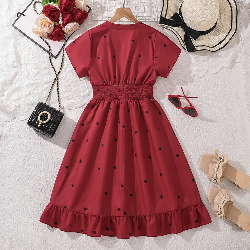 2025 New Arrival Girls Short Sleeve Print Heart Ruffles Red Menina Cute Holiday Night Party Princess Dress Custume 8-12T