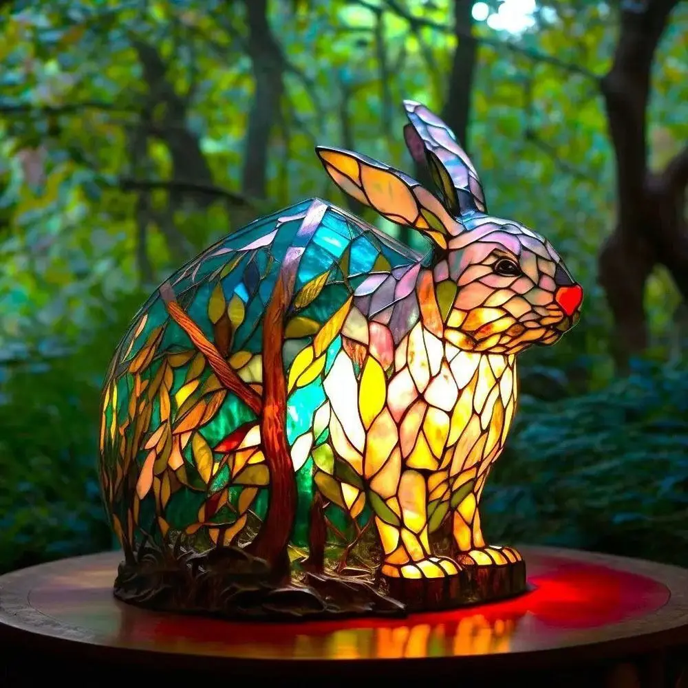 Resin Stained Glass Animal Table Light Night Light Panda Pig Giraffe Rabbit Elk Table Lamp for Living Room Home Bedroom Decorati