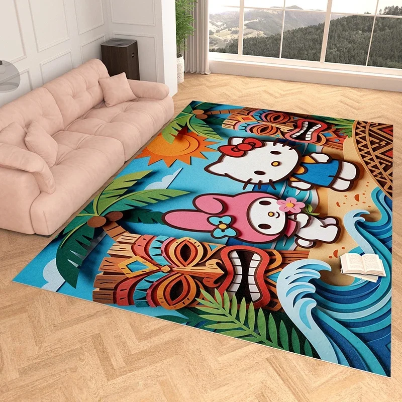 Hello Kitty My Melody Tiki Beach Faux Cashmere Rug, Tropical Seaside Cartoon Floor Carpet, Soft Area Rug, Home Decor Gift