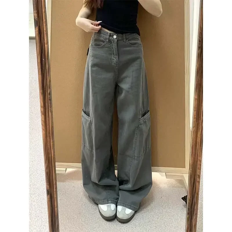 

NICE Retro Grey Multi-Pocket Workwear Wide Leg Denim Jeans Women's Spring Summer High Waist Loose Drapey Straight Floor-Length P