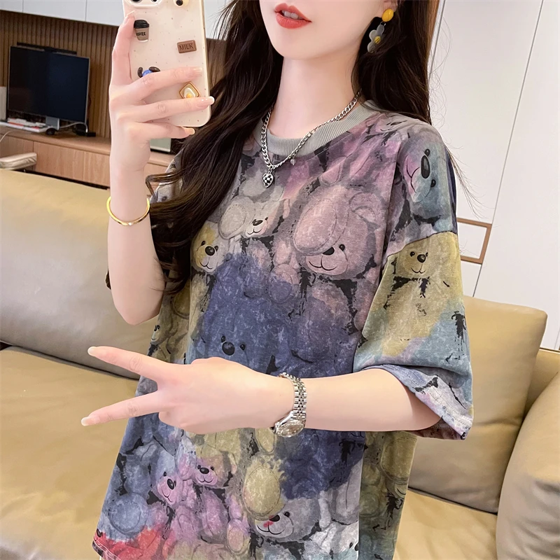 Painted style print loose short sleeve T-shirt women 2024 summer new Korean casual everything with Instagram super fire top tide