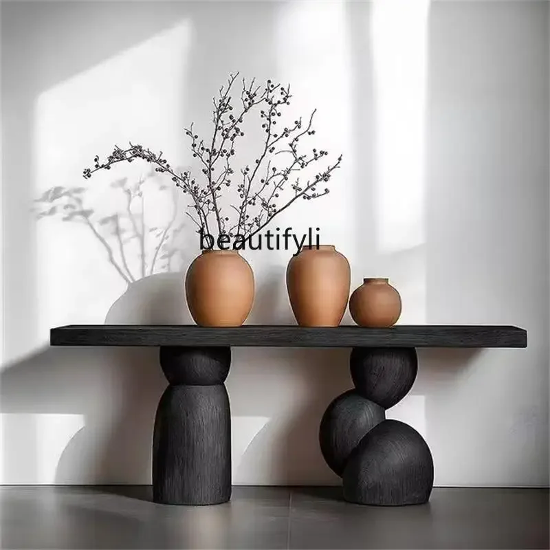 

NQ Medieval wabi-sandy wind solid wood porch table art design sense of home against the wall corridor against the wall decoratio