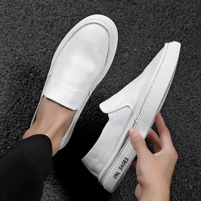 British Style Genuine Leather Men Casual Loafers Spring/Autumn Sewing Slip on Shoes Lazy Soft Sole Designer Flats White Black