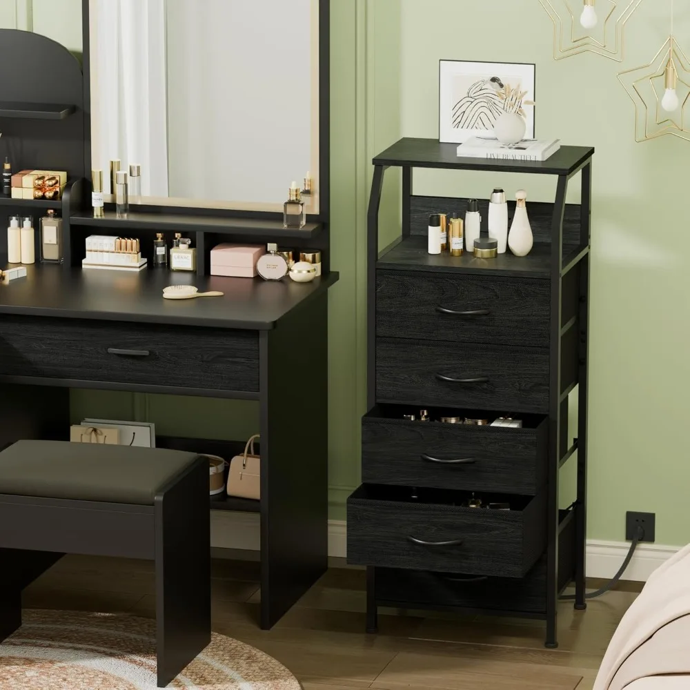 

Bedside table with charging station, 5-drawer dresser with storage shelves, closet fabric end table, 3 ways to use