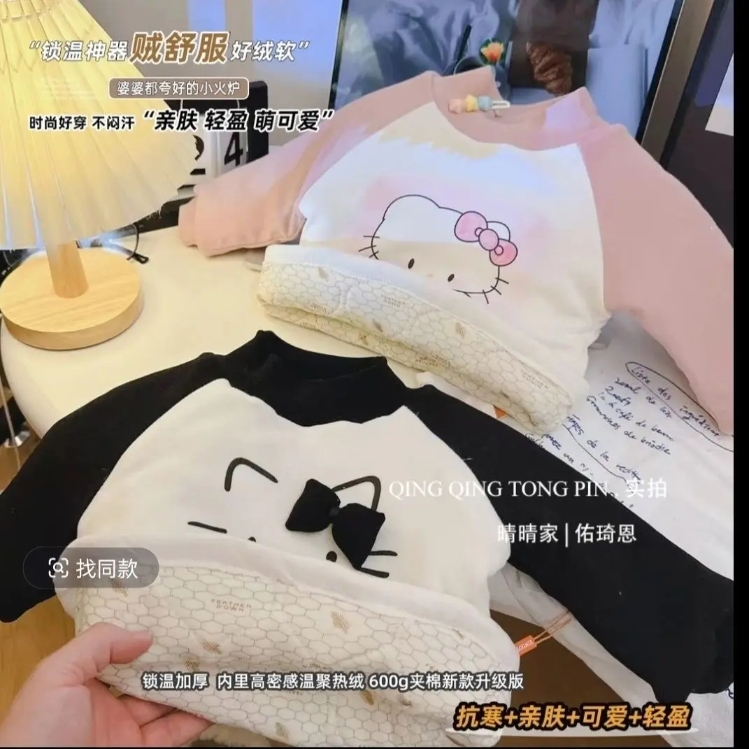 

Спортивный костюм Hello Kitty для девочек, кавайная зимняя модная студенческая комфортная детская теплая флисовая подкладка, утепленная одежда с высоким воротом