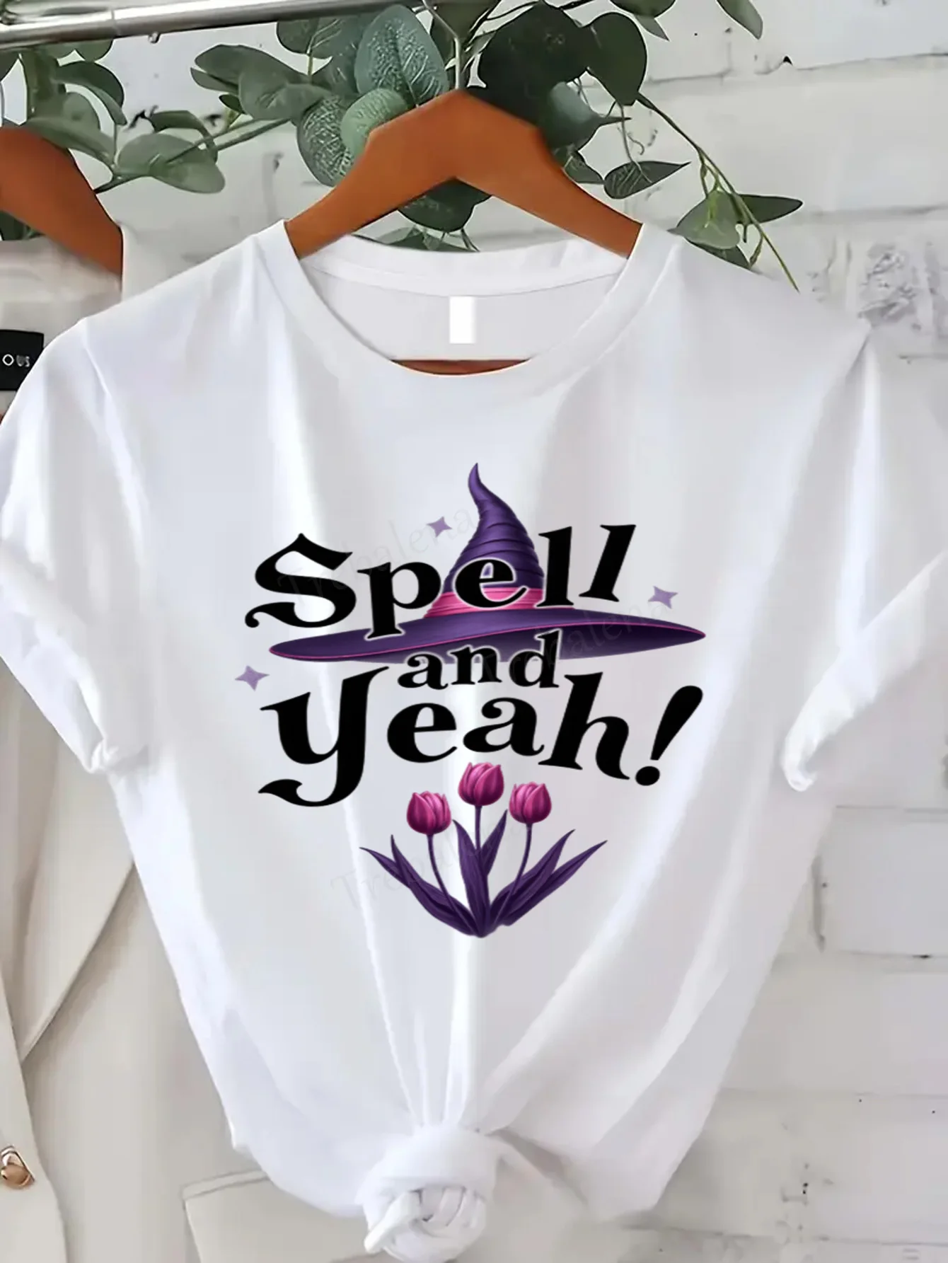 Round Neck T-shirt Spell and Yeah Witch Hat Tulip Print Women's Plus Size T-Shirt Short Sleeve Tee Fashion Casual Top
