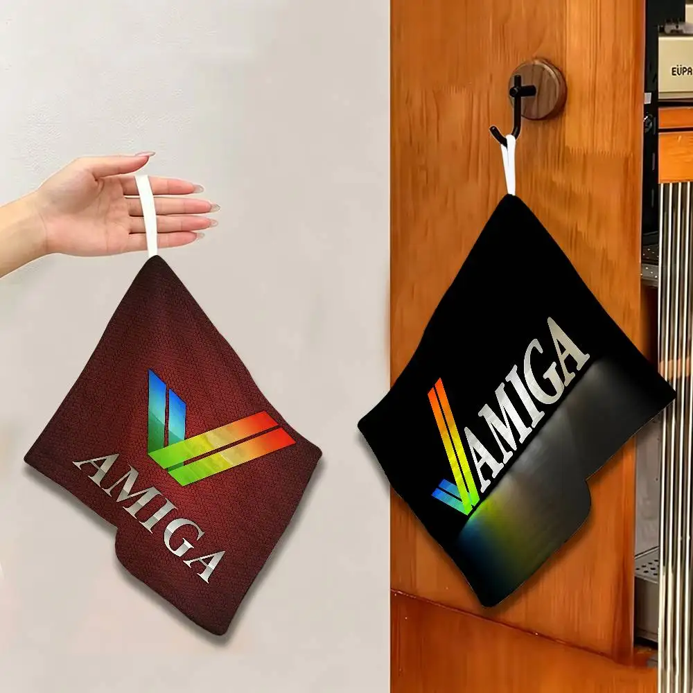 Amiga Logo Fashion Polyester Cotton Hanging Kitchen Towel, Soft Hand Wiping Towel, Reusable for Kitchen Bathroom Home