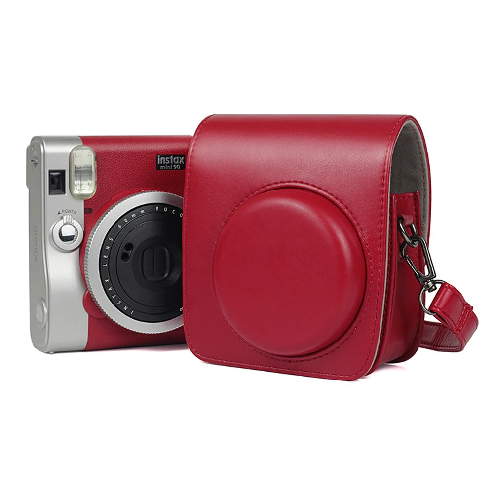 Funda protectora clásica de cuero PU para cámara, Compatible con Fujifilm Instax Mini 90 con correa para el hombro, funda Instax roja, negra/marrón