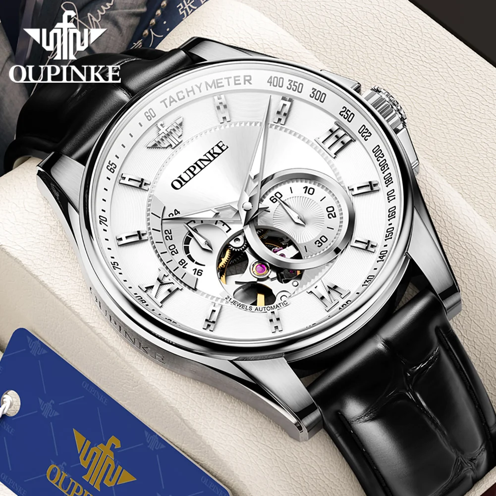 

OUPINKE Men's Watches Trend Fashion Personality Automatic Wristwatch Independent Second Hand Dial Comfortable Leather Strap 3222