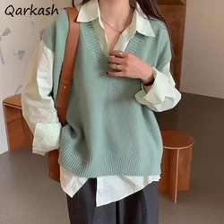 Baggy Sweater Vests Women Pure Gentle Soft Ulzzang All-match Harajuku Students Sweet V-neck Fashion Knitwear Young Simple Newly