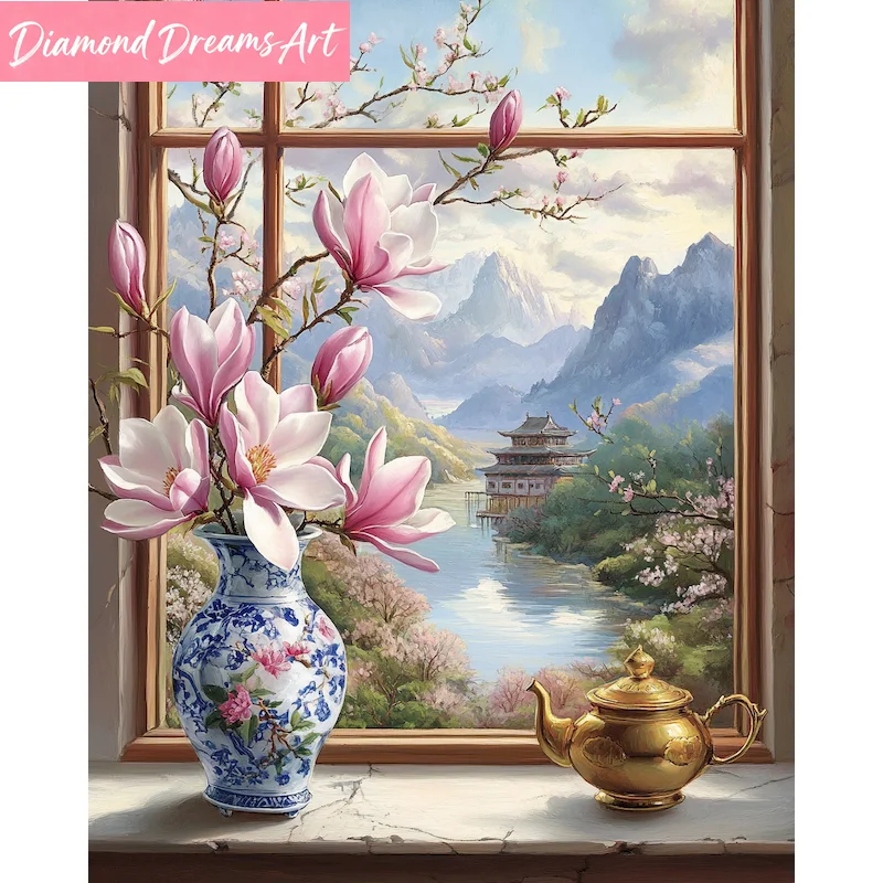 Rahmenloses 5D-Diamant-Malerei-Fenster-Mosaik, Landschaft, Blumen, Stickerei, geeignet für Erwachsene, Anfänger, Wanddekoration