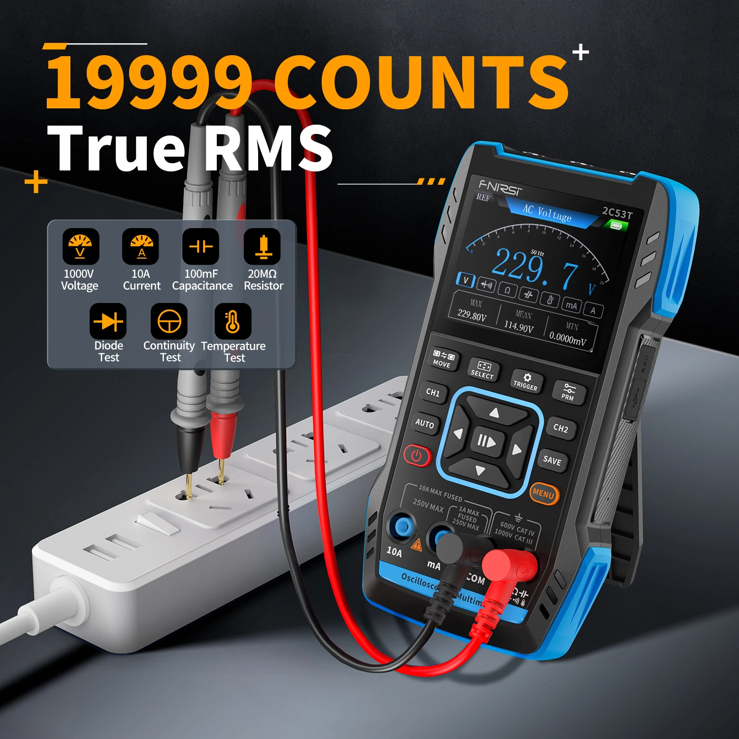 2C53T 3-in-1 Handheld Oscilloscope Multimeter DDS Generator Signal Generator 2 Channel 50MHz Bandwidth, 250MSa/s Sampling Rate