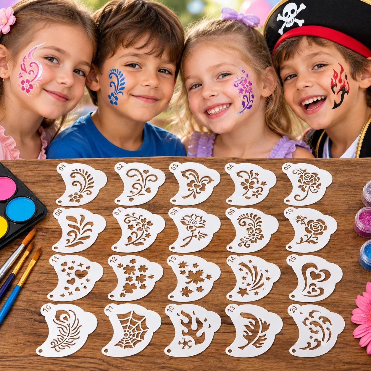 20PCS Face Painting Stencils Reusable Flower Heart Star Face Paint Templates for Kids Birthday Party Halloween DIY Makeup Art