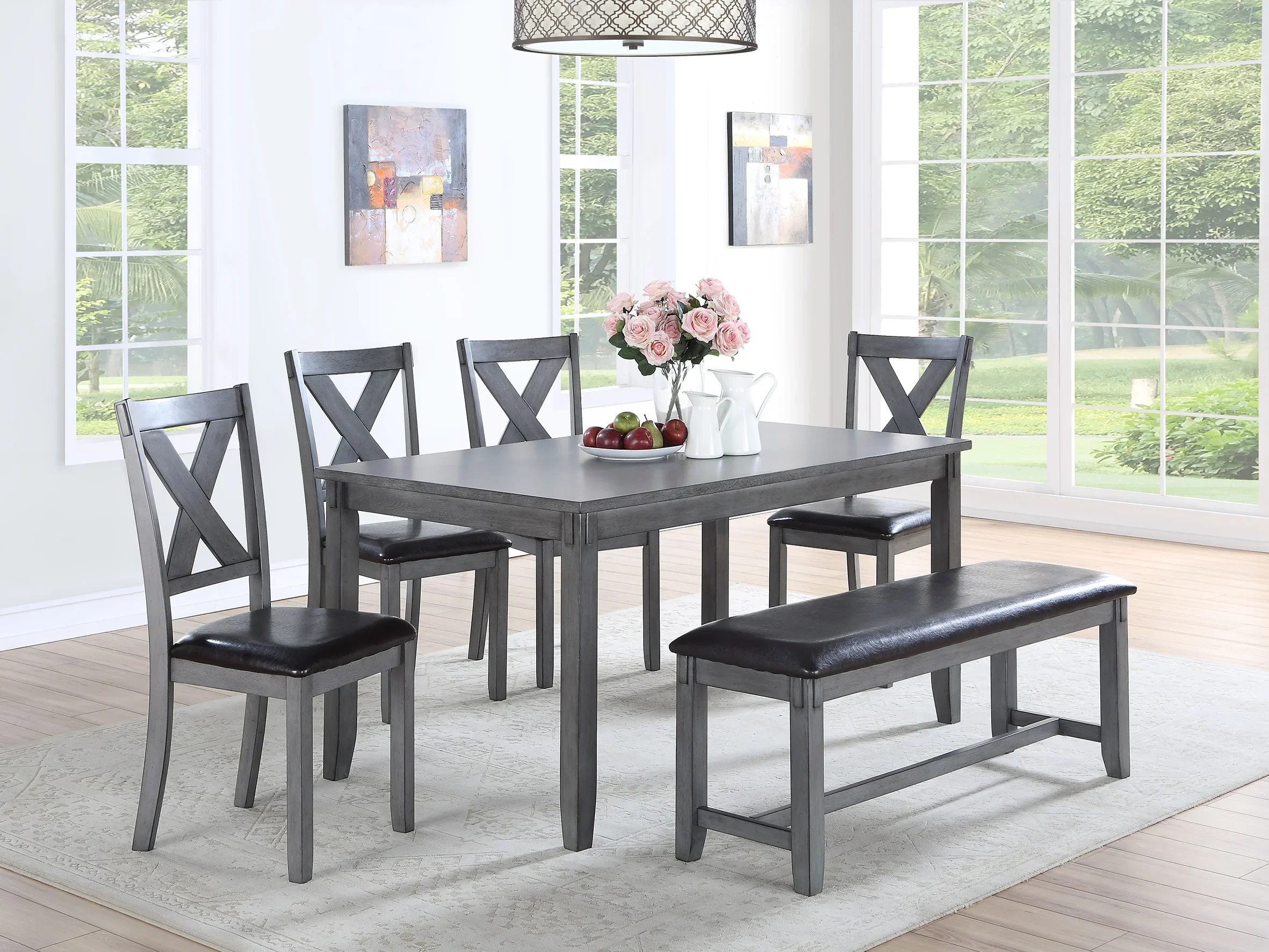 

Dining Room Furniture Casual Modern 6pc Set Dining Table 4x Side Chairs and A Bench Rubberwood and Birch veneers Gray Finish