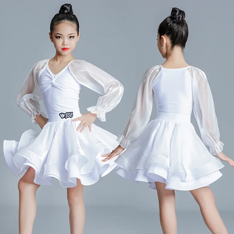 

White Lantern Sleeves Latin Dance Dress Girls Latin Ballroom Dance Competition Dresses Kids Dancing Clothes Practice Wear