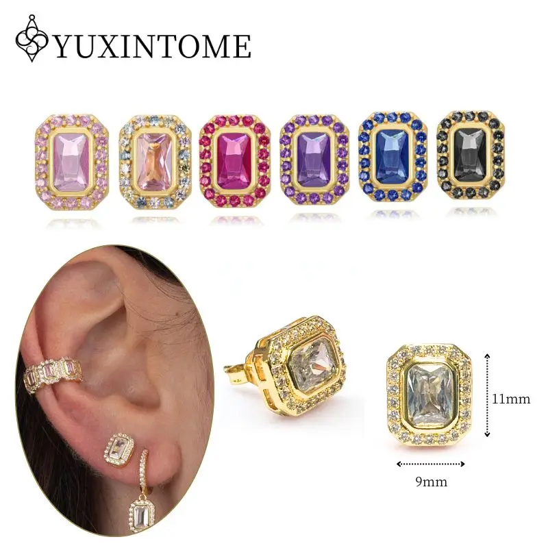 

YUXINTOME 925 Silver Ear Needle Rectangular Full-studded Zircon Multi-color Studs Luxury Crystal Earrings Fashion Party Jewelry