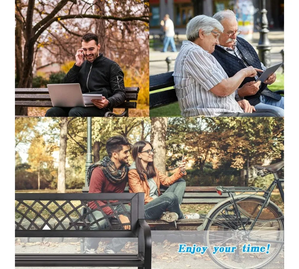 مقعد حديقة معدني قوي مع مسند ظهر بلاستيكي، أثاث فناء خارجي لمدخل الشرفة في الفناء، أسود #6