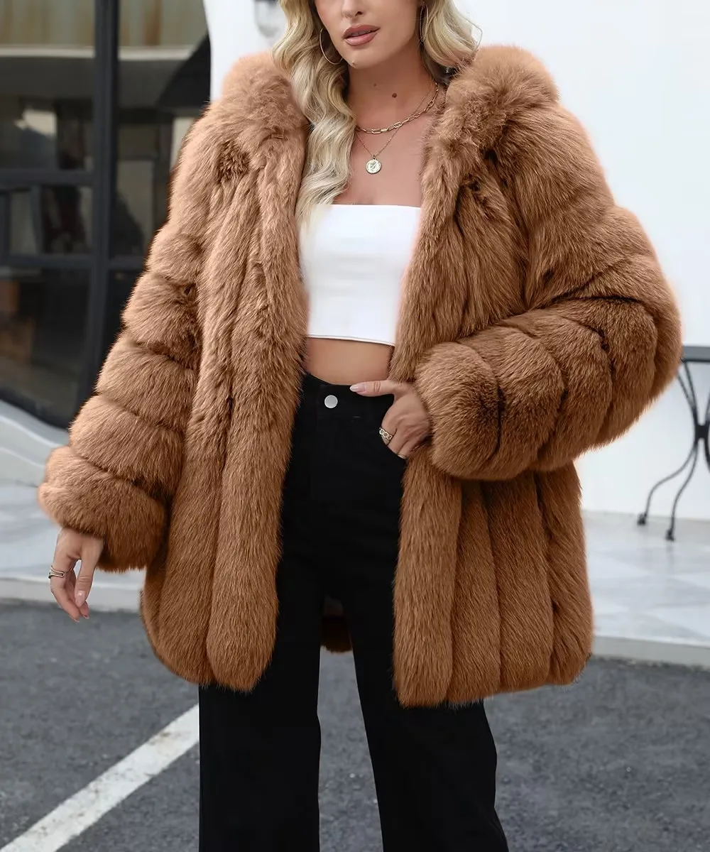 Faux Fox Fur Coat Women Solid Fur Jacket Long Sleeve Turn Down Collar Open Stitch Thick Warm Fur Loose Casual 2026 Autumn Winter
