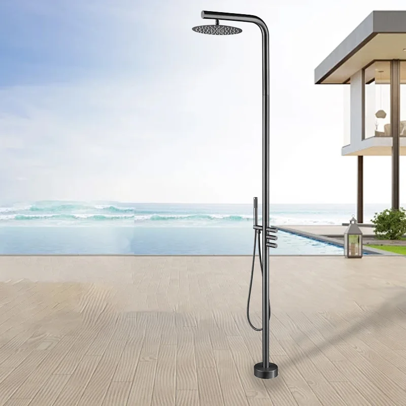 

Gun Metal Solid Brass Outdoor Shower Column 3-Handle Rainfall Faucet for Swimming Pool Garden Polished Floor Stand Rain Spray