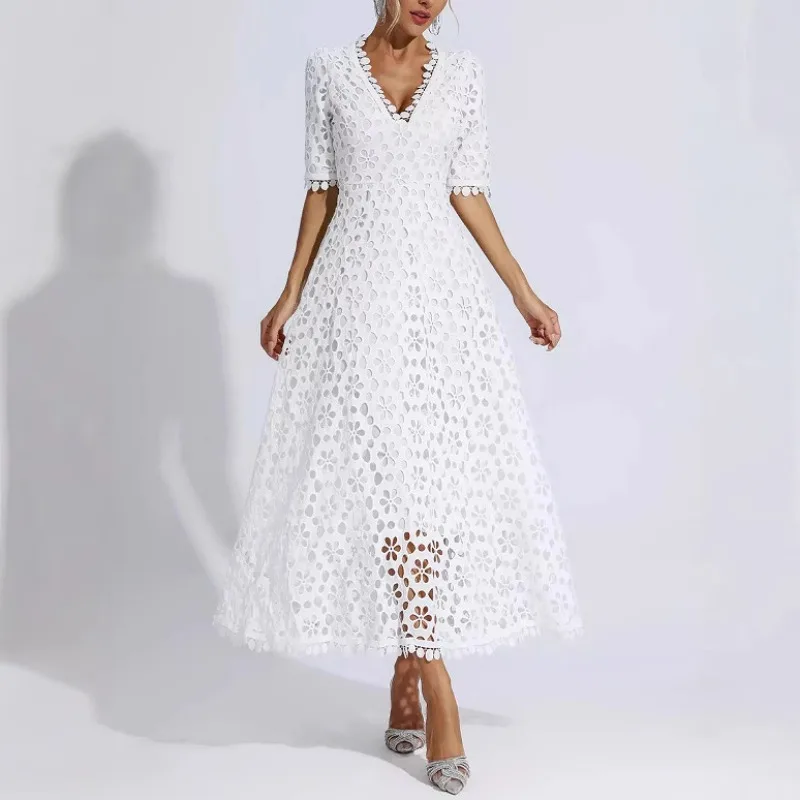 Robe de soirée élégante en dentelle, Corset ajouré, Sexy, Y2K, bureau, manches courtes, col en V, fluide, style Boho, longue robe de plage