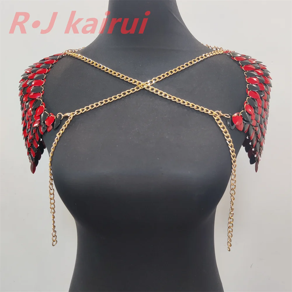 New Fashion RJFS103 Double Mermaid Fish Scales Neck Shoulder Chains Layers Red&Black Chainmail Dragon Scale Shoulder Jewelry